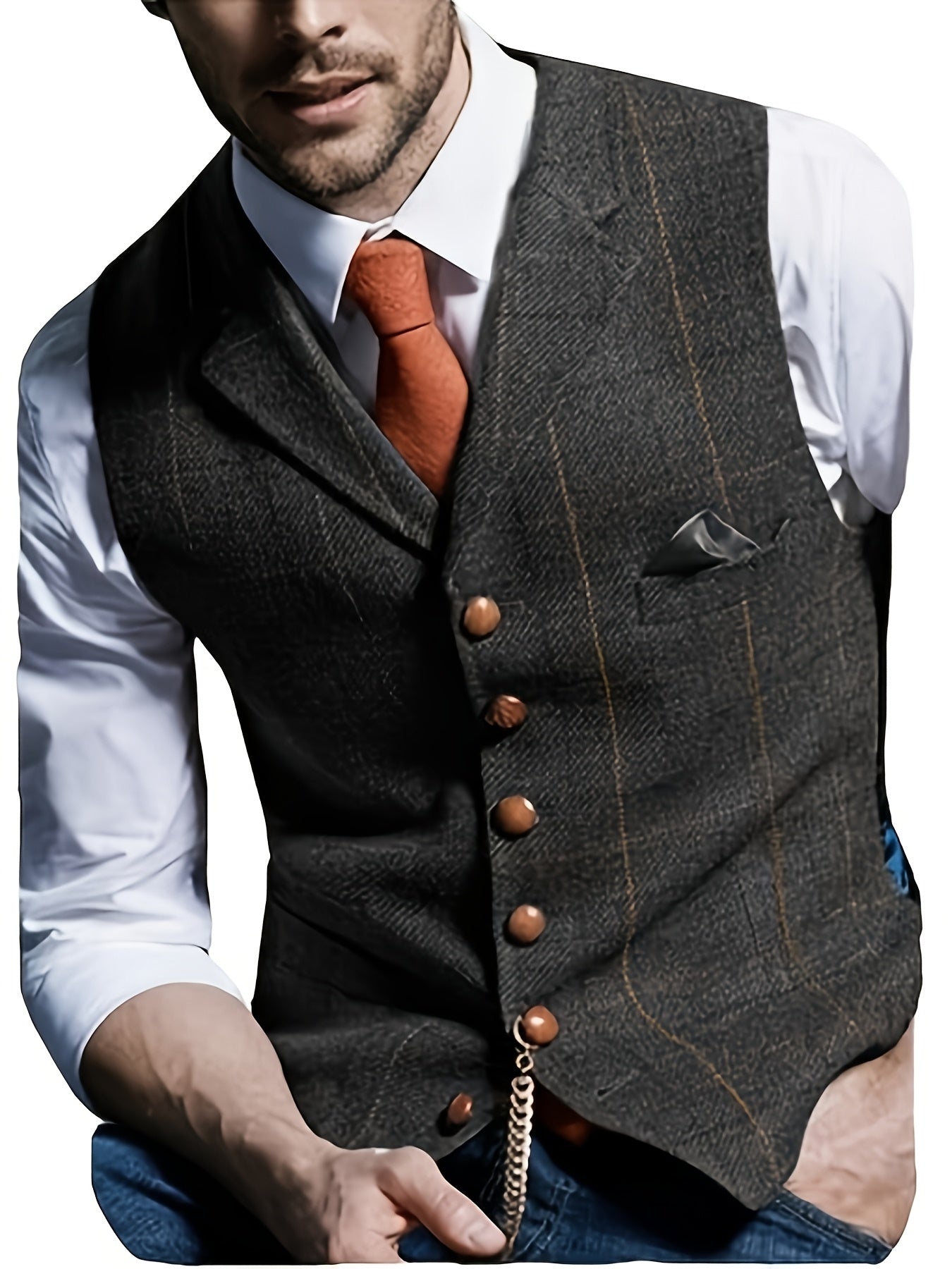 Colete Social em Tweed Herringbone - Slim Fit Premium para Casamentos e Eventos