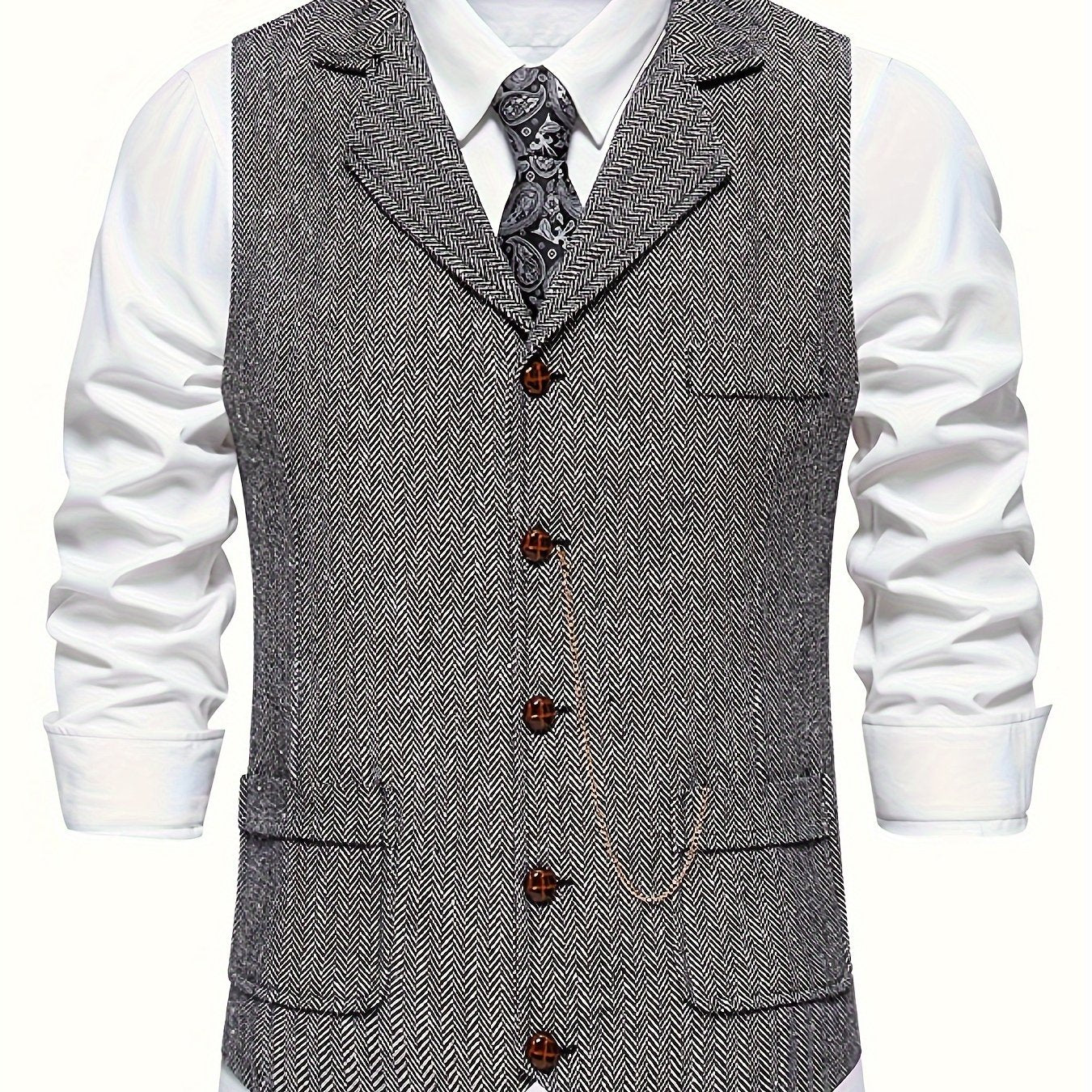 Colete Masculino em Tweed Herringbone - Lapela com Detalhe em Corrente para Estilo Sofisticado
