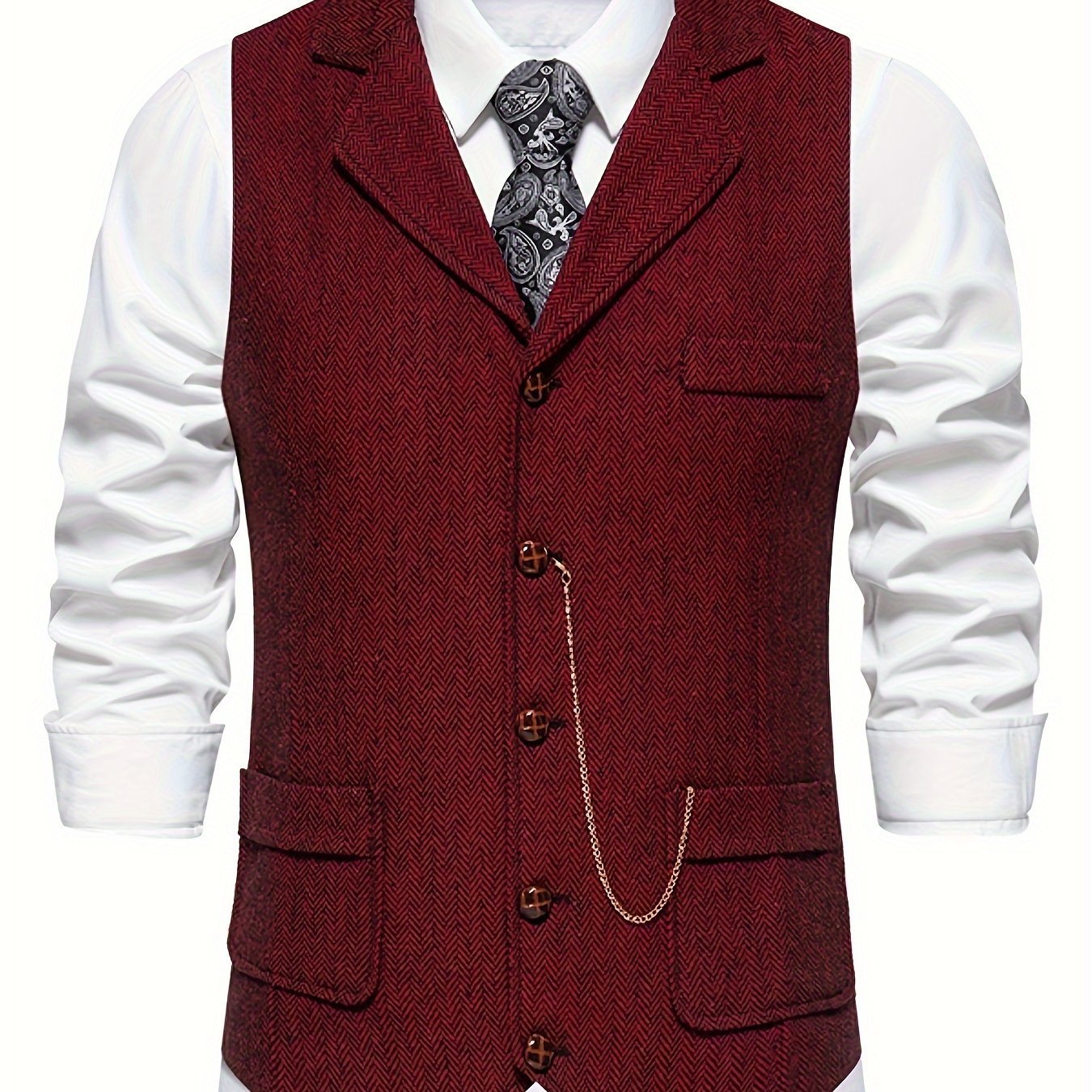 Colete Masculino em Tweed Herringbone - Lapela com Detalhe em Corrente para Estilo Sofisticado
