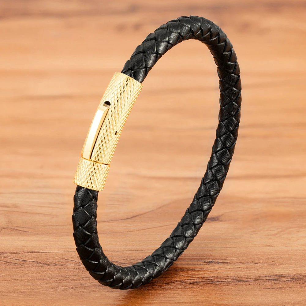 "Pulseira Masculina em Couro e Aço Inoxidável – Estilo Industrial Minimalista"