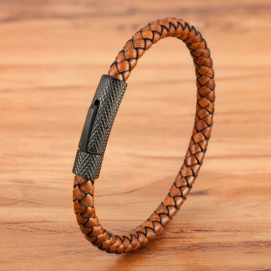 "Pulseira Masculina em Couro e Aço Inoxidável – Estilo Industrial Minimalista"