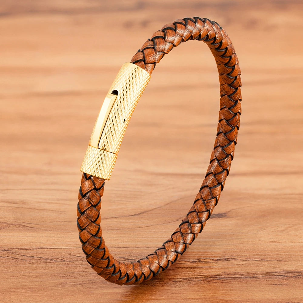 "Pulseira Masculina em Couro e Aço Inoxidável – Estilo Industrial Minimalista"