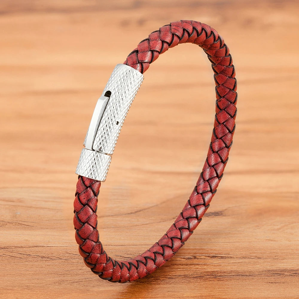 "Pulseira Masculina em Couro e Aço Inoxidável – Estilo Industrial Minimalista"