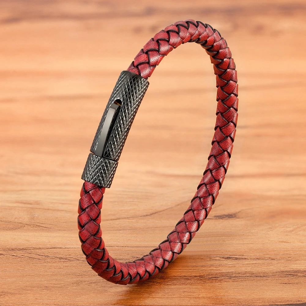 "Pulseira Masculina em Couro e Aço Inoxidável – Estilo Industrial Minimalista"