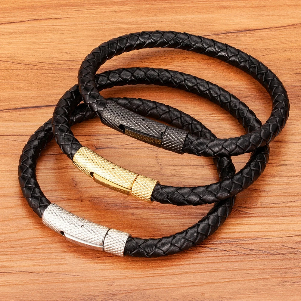 "Pulseira Masculina em Couro e Aço Inoxidável – Estilo Industrial Minimalista"