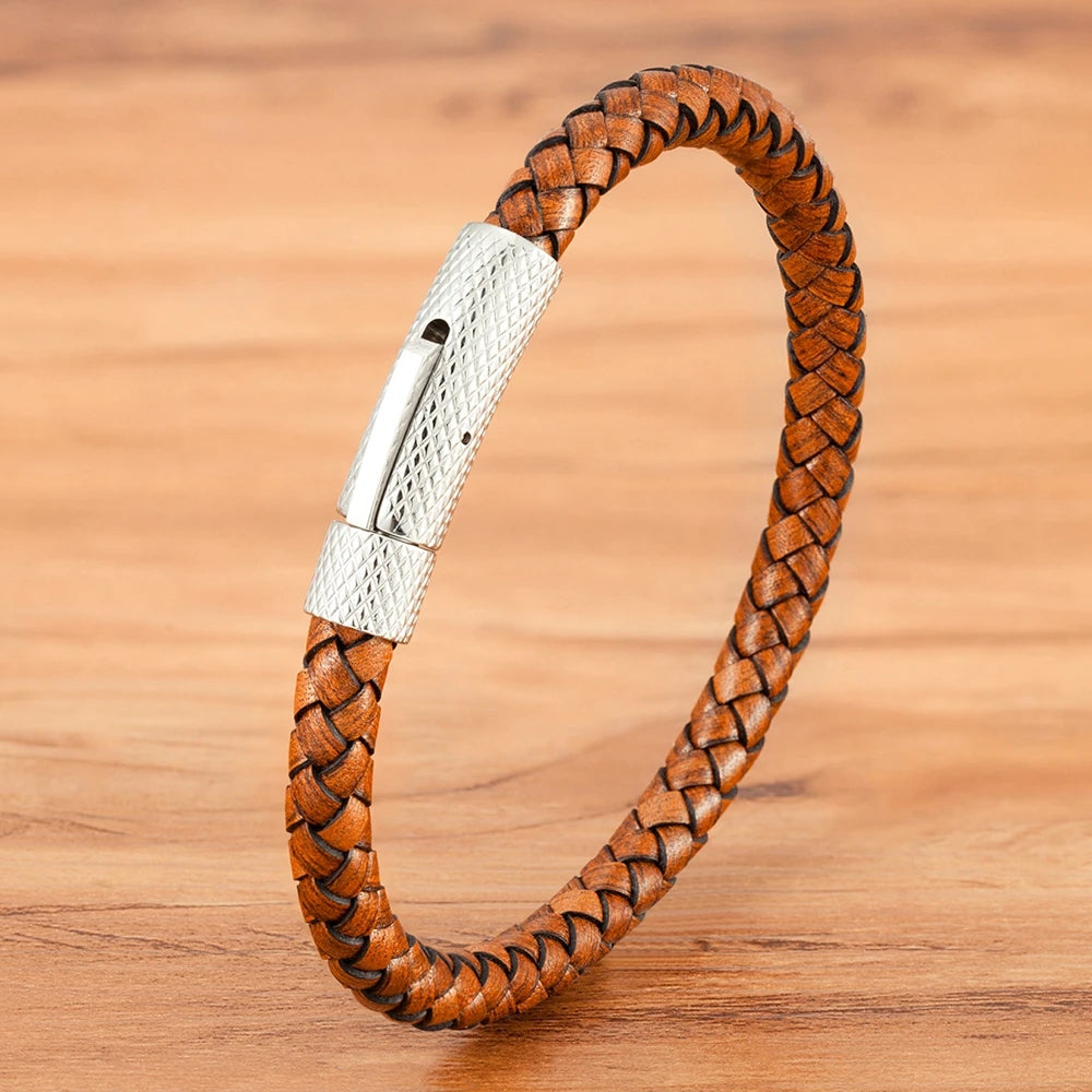"Pulseira Masculina em Couro e Aço Inoxidável – Estilo Industrial Minimalista"