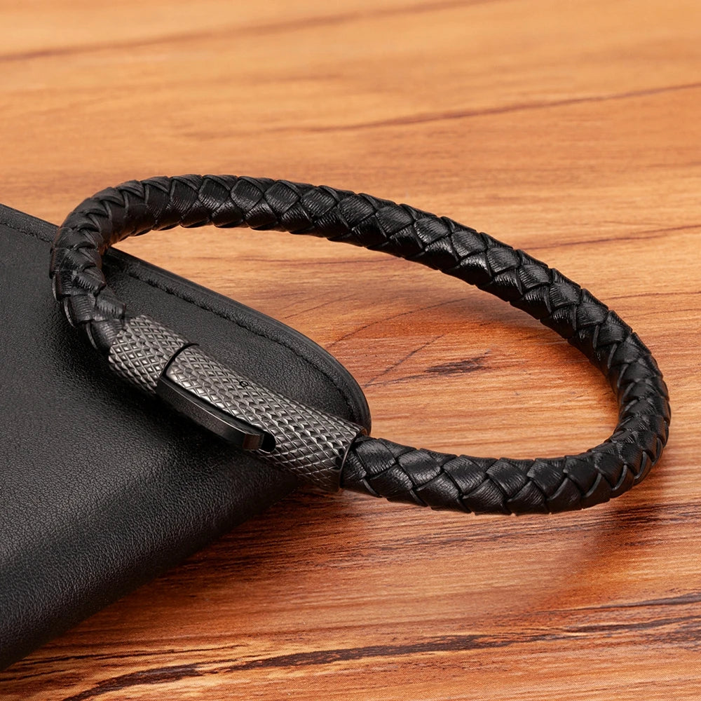 "Pulseira Masculina em Couro e Aço Inoxidável – Estilo Industrial Minimalista"