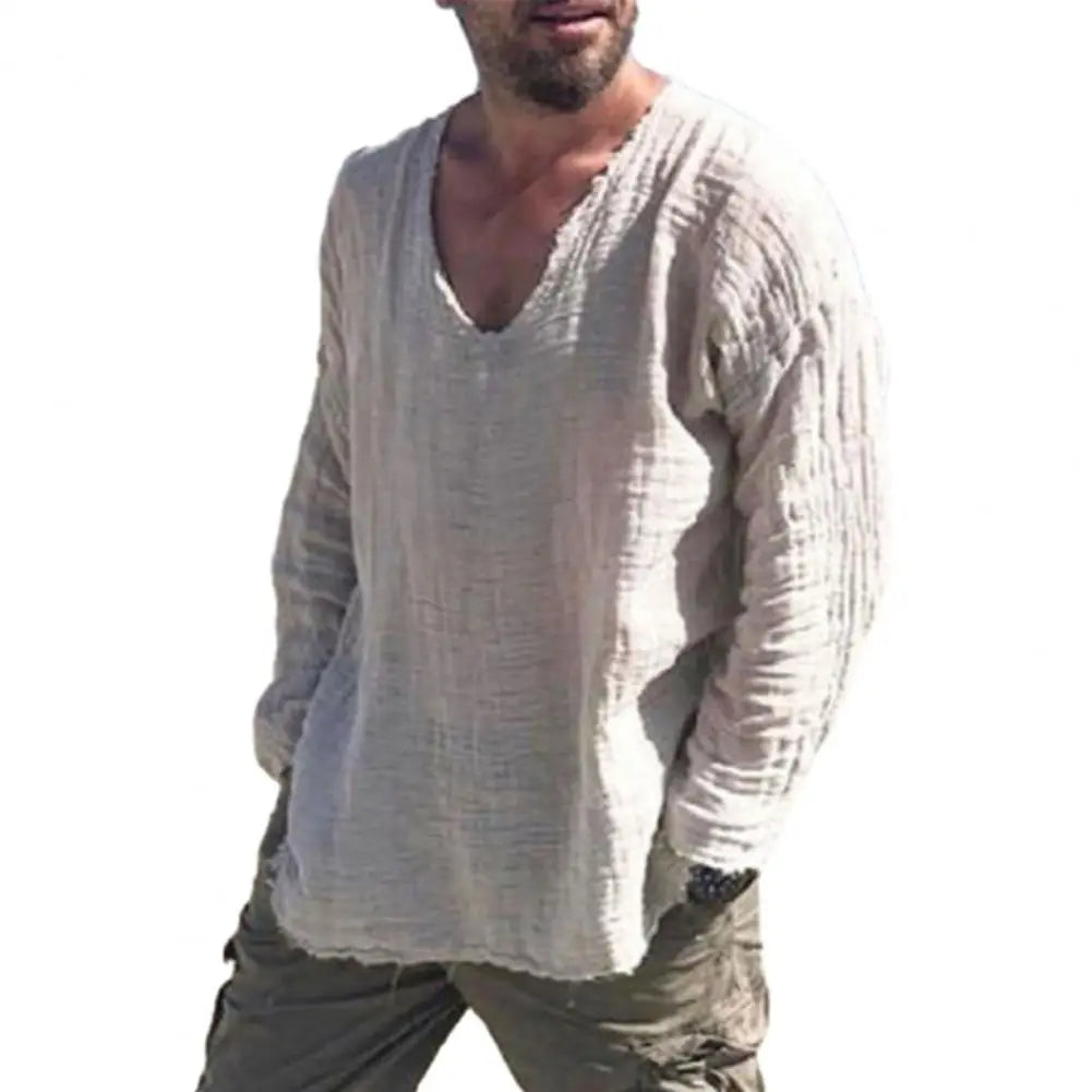 Camisa Masculina V-Raw Linen – Manga Longa com Bordas Irregulares