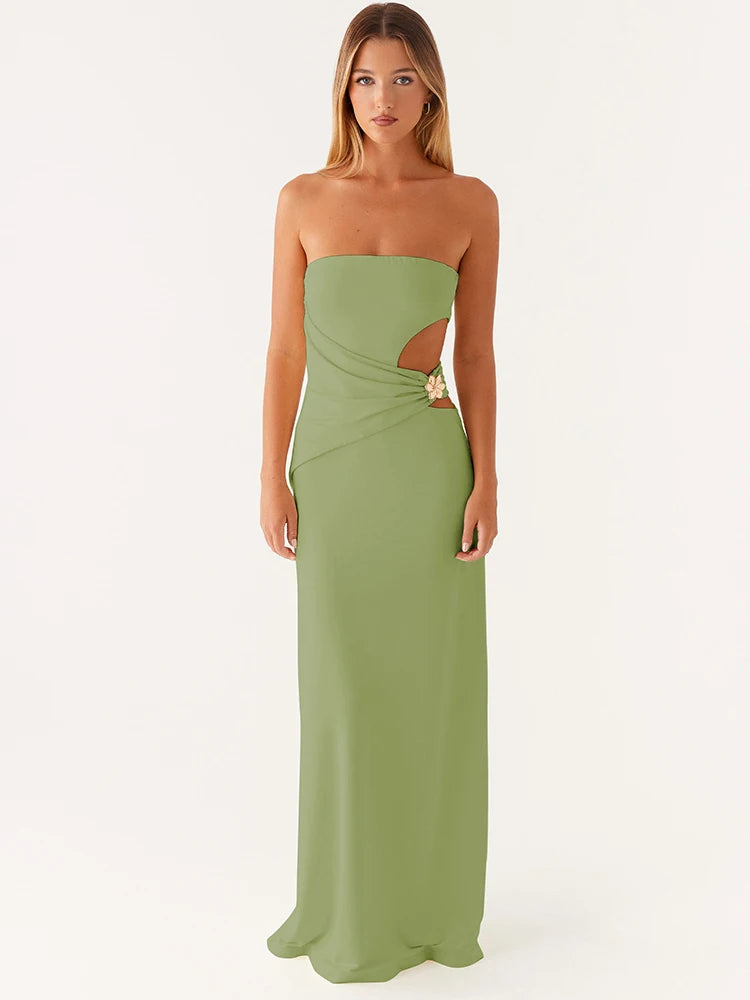 Vestido Longo Aurora – Sensualidade Escultural com Metal Floral