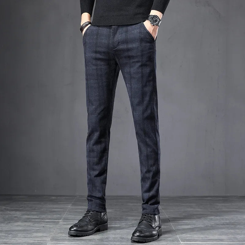 Calça Masculina em Tecido Macio - Estilo Coreano Casual para Outono e Primavera - Slim Fit Reto com Elastano