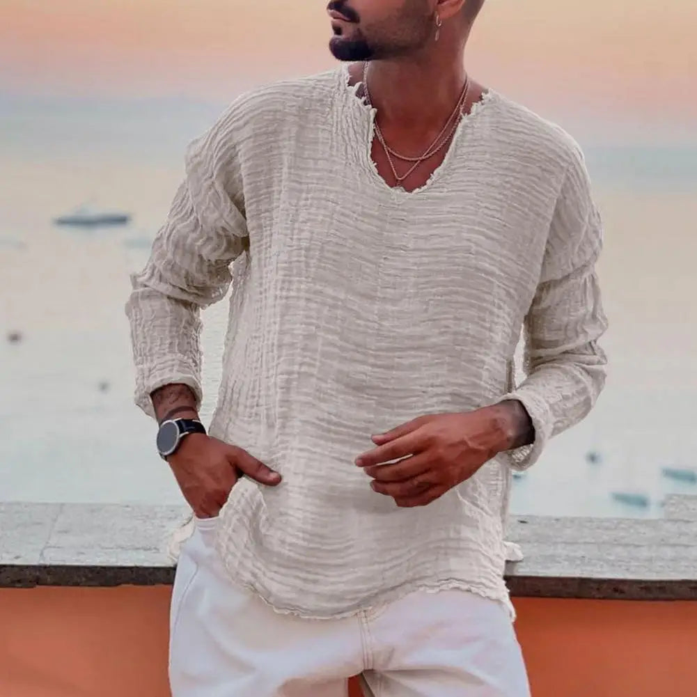 Camisa Masculina V-Raw Linen – Manga Longa com Bordas Irregulares