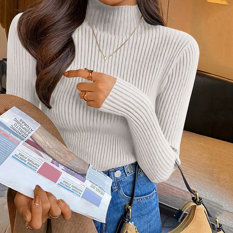 Suéter Élisee™ - Gola Alta Feminino Slim com Tricô Fino e Estilo Coreano Minimalista
