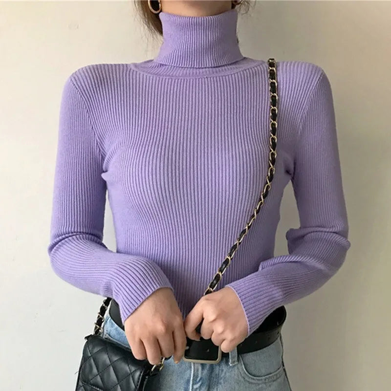 Suéter Élisee™ - Gola Alta Feminino Slim com Tricô Fino e Estilo Coreano Minimalista