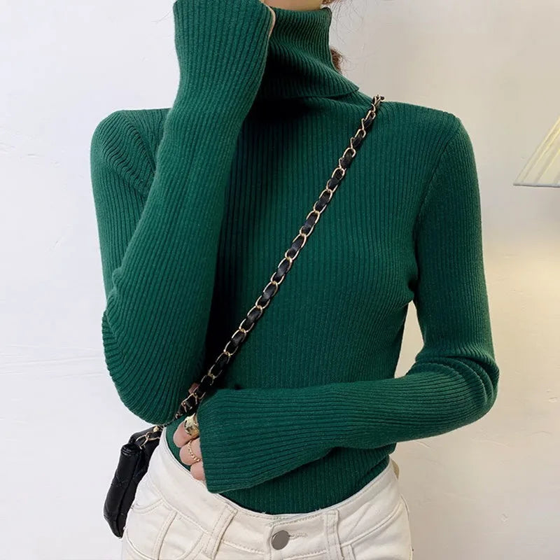 Suéter Élisee™ - Gola Alta Feminino Slim com Tricô Fino e Estilo Coreano Minimalista