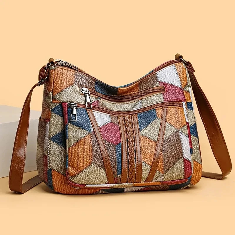 Vintage Éclat – Bolsa Crossbody Retrô com Patchwork em PU