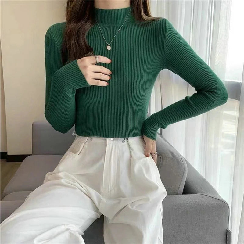 Suéter Élisee™ - Gola Alta Feminino Slim com Tricô Fino e Estilo Coreano Minimalista