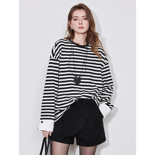 Blusa de Manga Longa Listrada - Estilo Americano Casual para Outono/Inverno