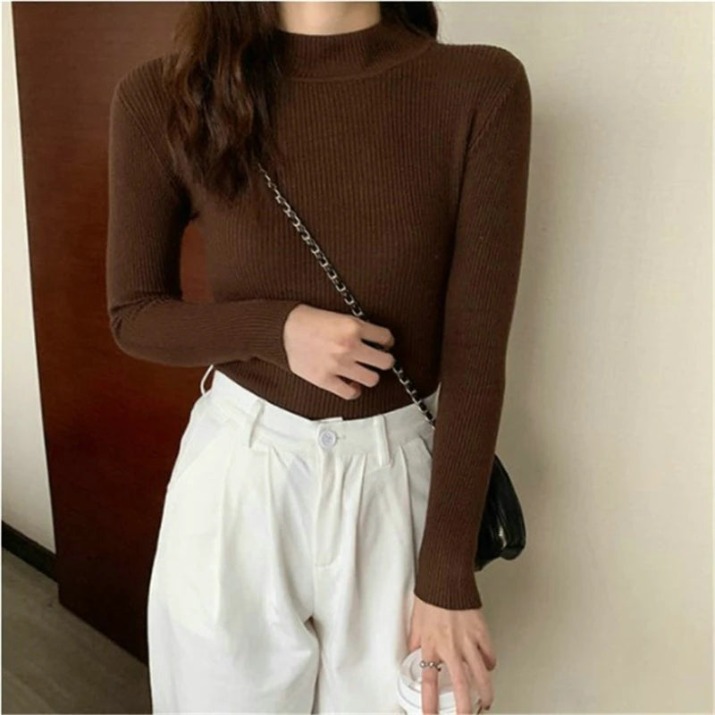 Suéter Élisee™ - Gola Alta Feminino Slim com Tricô Fino e Estilo Coreano Minimalista