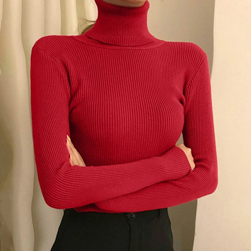 Suéter Élisee™ - Gola Alta Feminino Slim com Tricô Fino e Estilo Coreano Minimalista