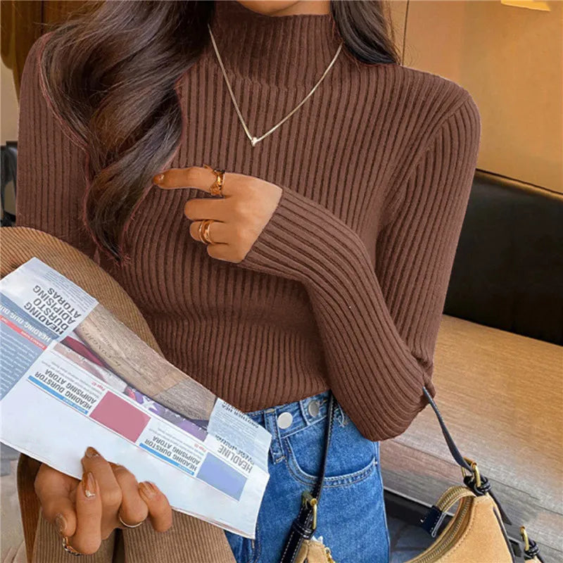 Suéter Élisee™ - Gola Alta Feminino Slim com Tricô Fino e Estilo Coreano Minimalista
