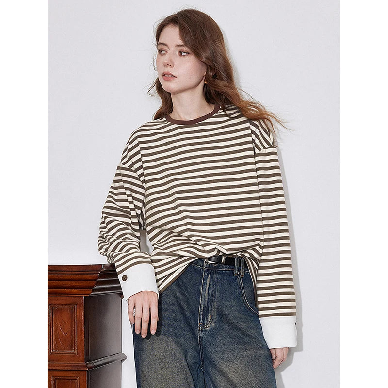 Blusa de Manga Longa Listrada - Estilo Americano Casual para Outono/Inverno