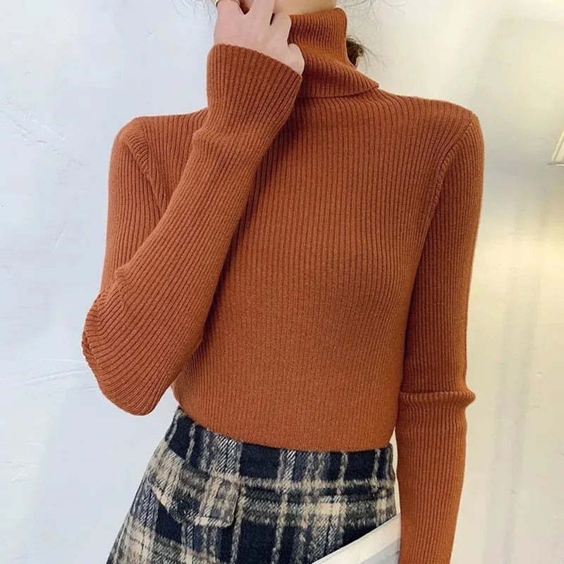 Suéter Élisee™ - Gola Alta Feminino Slim com Tricô Fino e Estilo Coreano Minimalista