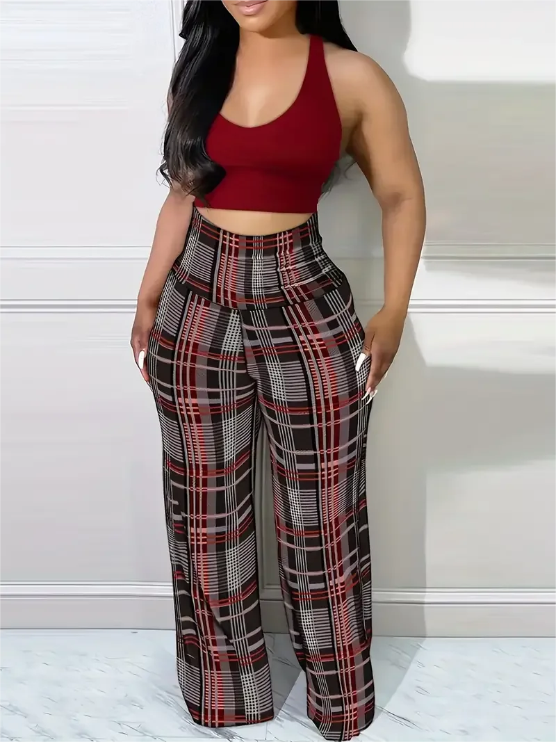 Calça Feminina Wide Leg™ - Xadrez Elegante, Cintura Alta, Modelagem Solta e Confortável