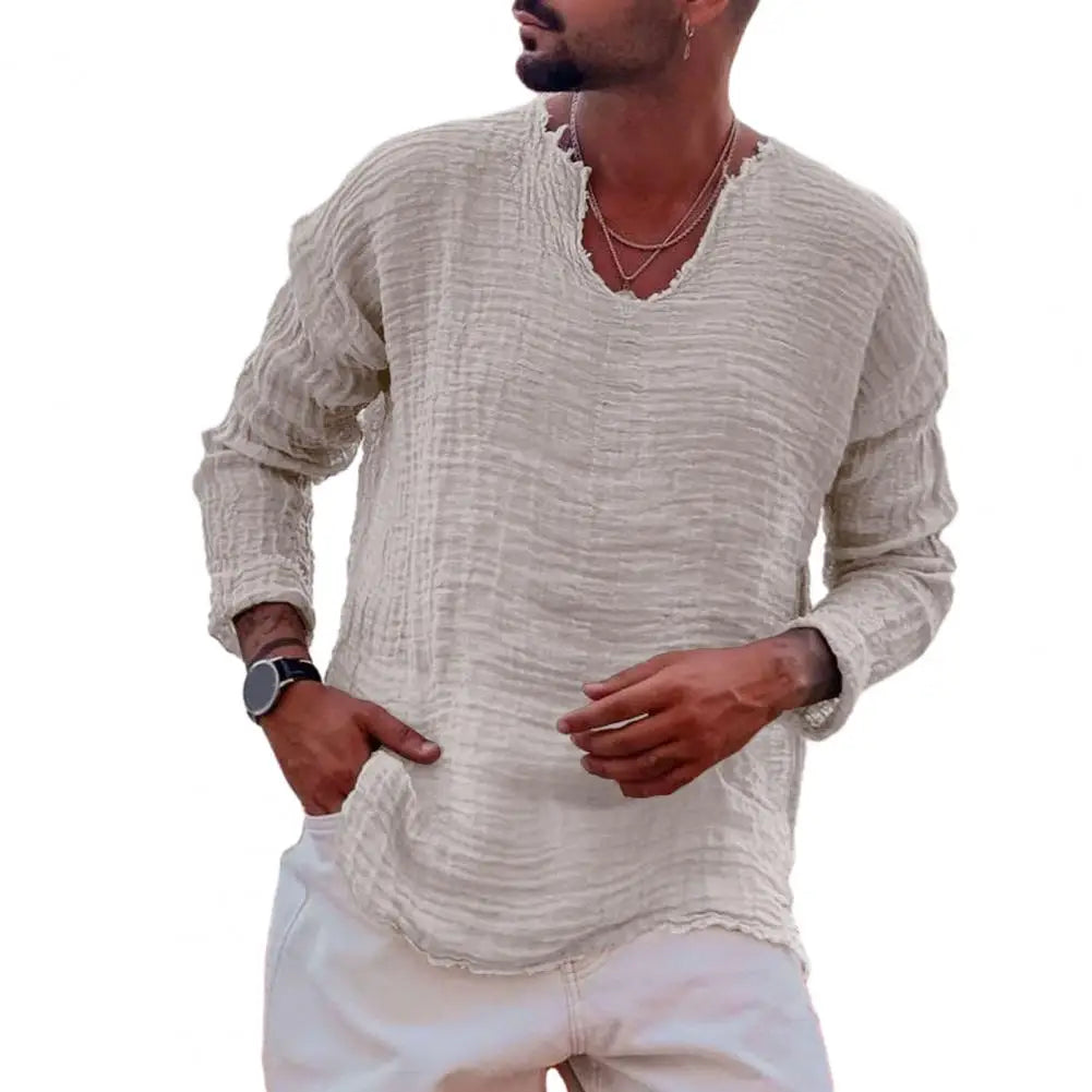 Camisa Masculina V-Raw Linen – Manga Longa com Bordas Irregulares