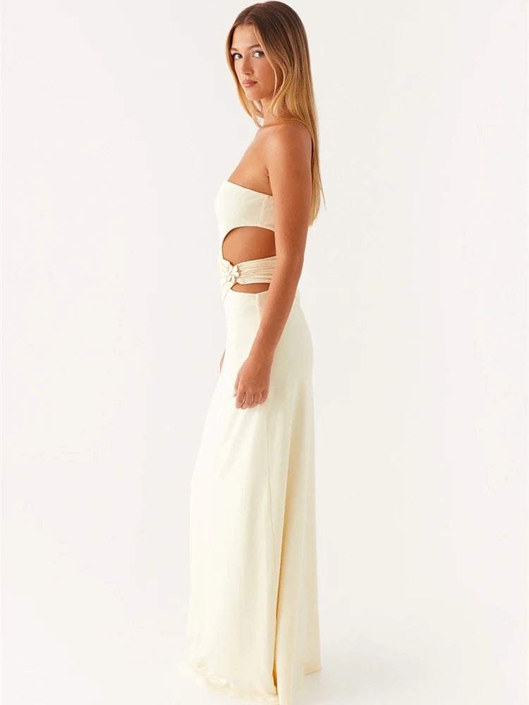 Vestido Longo Aurora – Sensualidade Escultural com Metal Floral