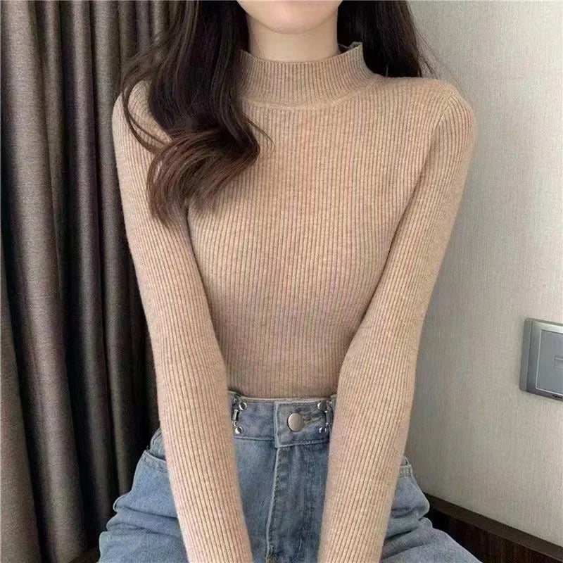 Suéter Élisee™ - Gola Alta Feminino Slim com Tricô Fino e Estilo Coreano Minimalista
