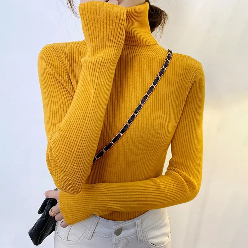 Suéter Élisee™ - Gola Alta Feminino Slim com Tricô Fino e Estilo Coreano Minimalista