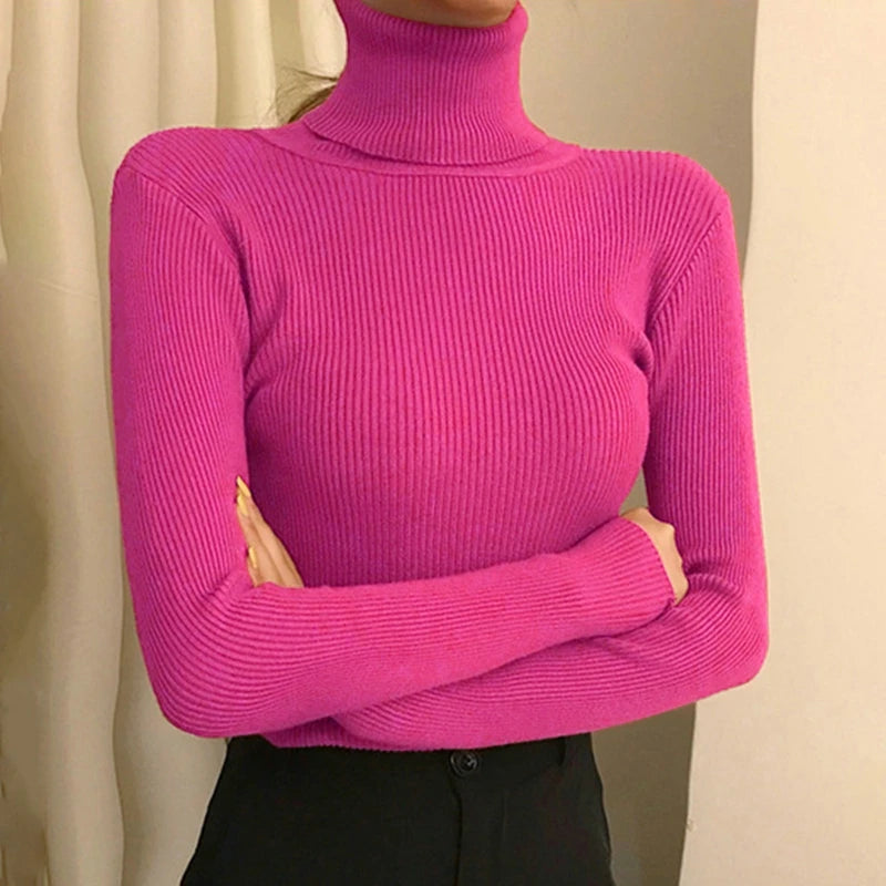 Suéter Élisee™ - Gola Alta Feminino Slim com Tricô Fino e Estilo Coreano Minimalista