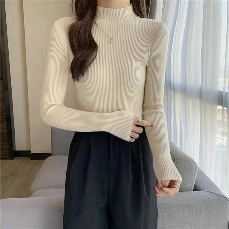 Suéter Élisee™ - Gola Alta Feminino Slim com Tricô Fino e Estilo Coreano Minimalista