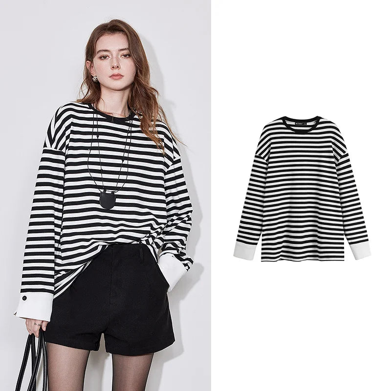 Blusa de Manga Longa Listrada - Estilo Americano Casual para Outono/Inverno