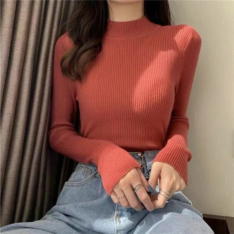 Suéter Élisee™ - Gola Alta Feminino Slim com Tricô Fino e Estilo Coreano Minimalista