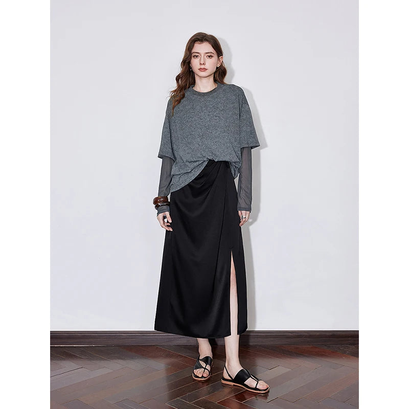 Camiseta Minimalista Feminina - Estilo Falso Duplo com Gola Redonda | Primavera/Verão 2025