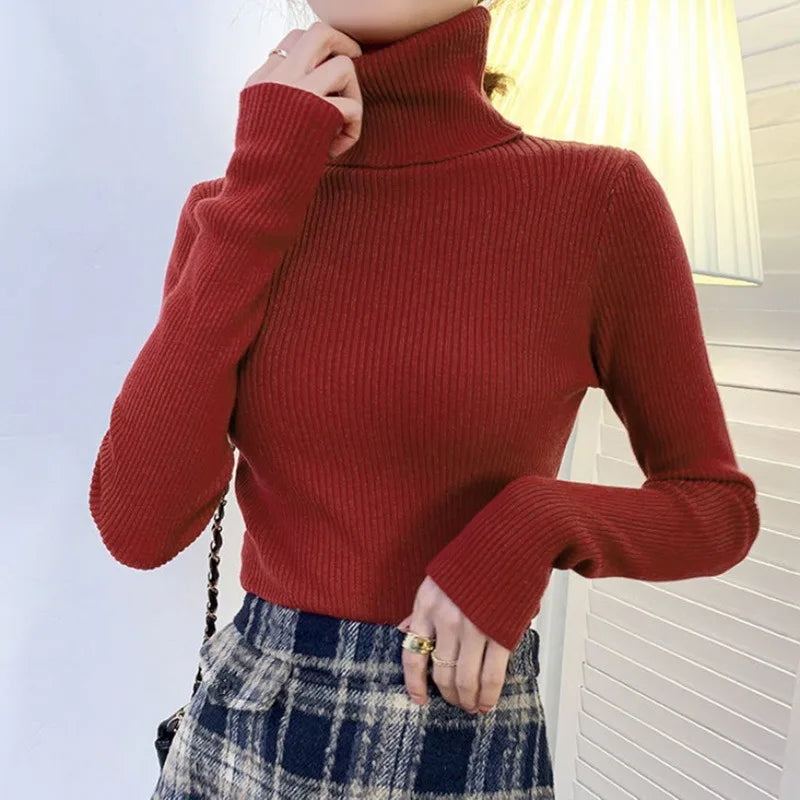 Suéter Élisee™ - Gola Alta Feminino Slim com Tricô Fino e Estilo Coreano Minimalista