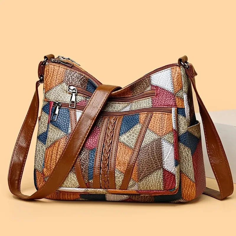 Vintage Éclat – Bolsa Crossbody Retrô com Patchwork em PU