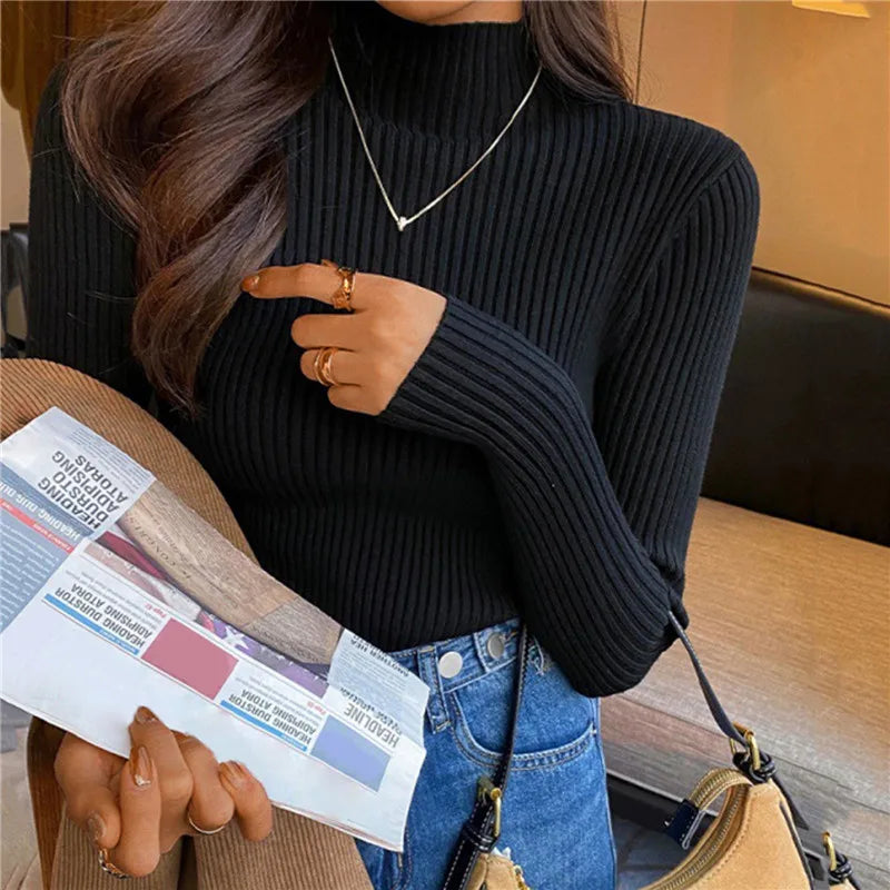 Suéter Élisee™ - Gola Alta Feminino Slim com Tricô Fino e Estilo Coreano Minimalista