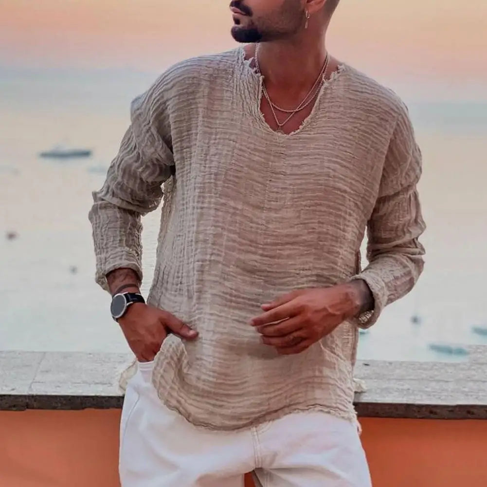 Camisa Masculina V-Raw Linen – Manga Longa com Bordas Irregulares
