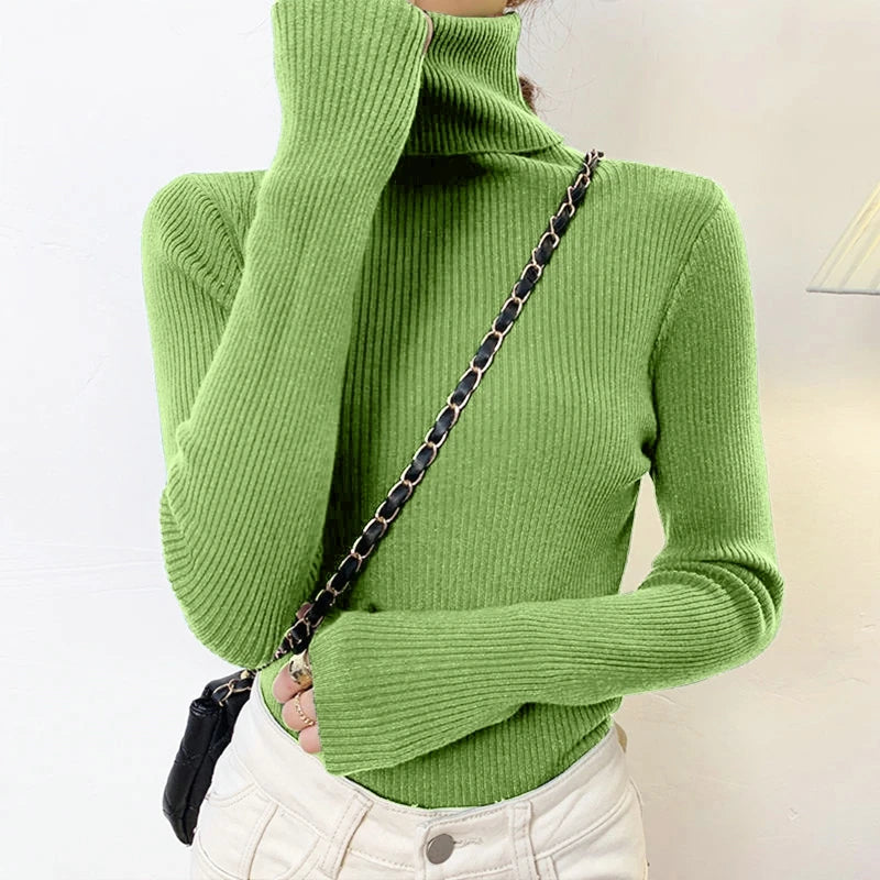 Suéter Élisee™ - Gola Alta Feminino Slim com Tricô Fino e Estilo Coreano Minimalista
