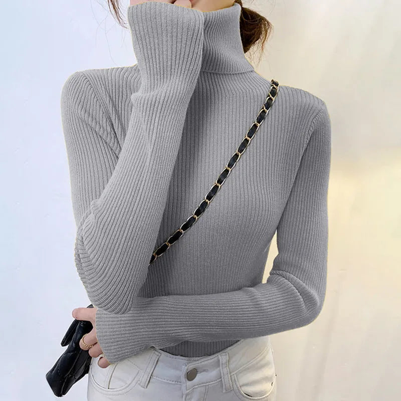 Suéter Élisee™ - Gola Alta Feminino Slim com Tricô Fino e Estilo Coreano Minimalista