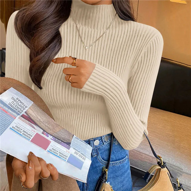 Suéter Élisee™ - Gola Alta Feminino Slim com Tricô Fino e Estilo Coreano Minimalista
