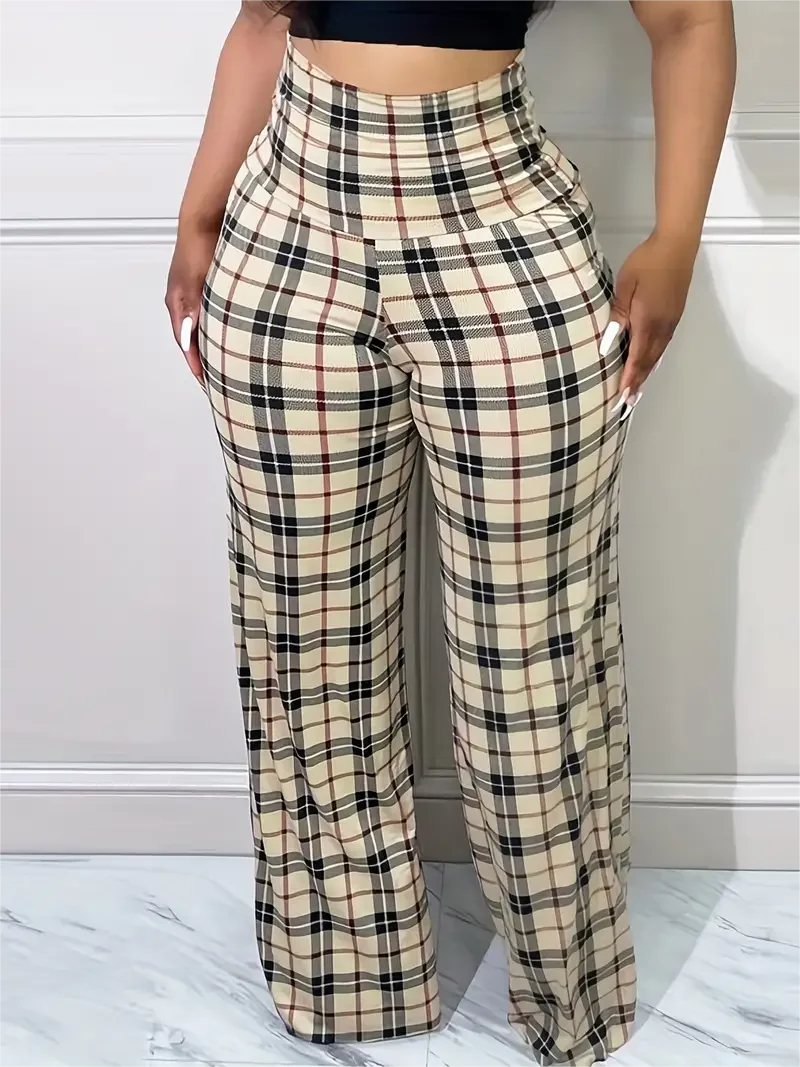 Calça Feminina Wide Leg™ - Xadrez Elegante, Cintura Alta, Modelagem Solta e Confortável