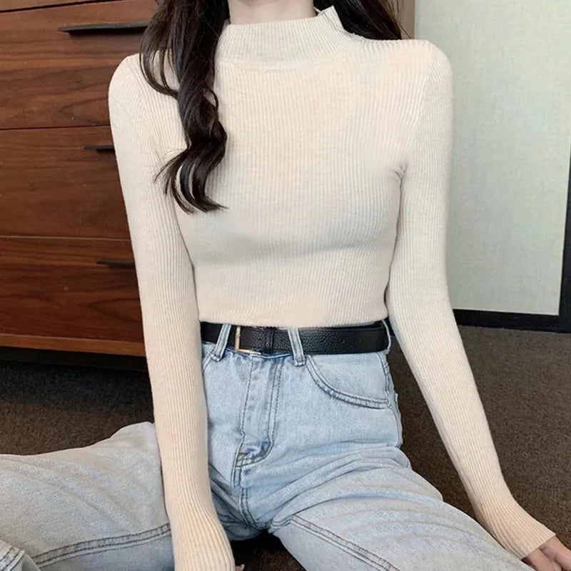 Suéter Élisee™ - Gola Alta Feminino Slim com Tricô Fino e Estilo Coreano Minimalista