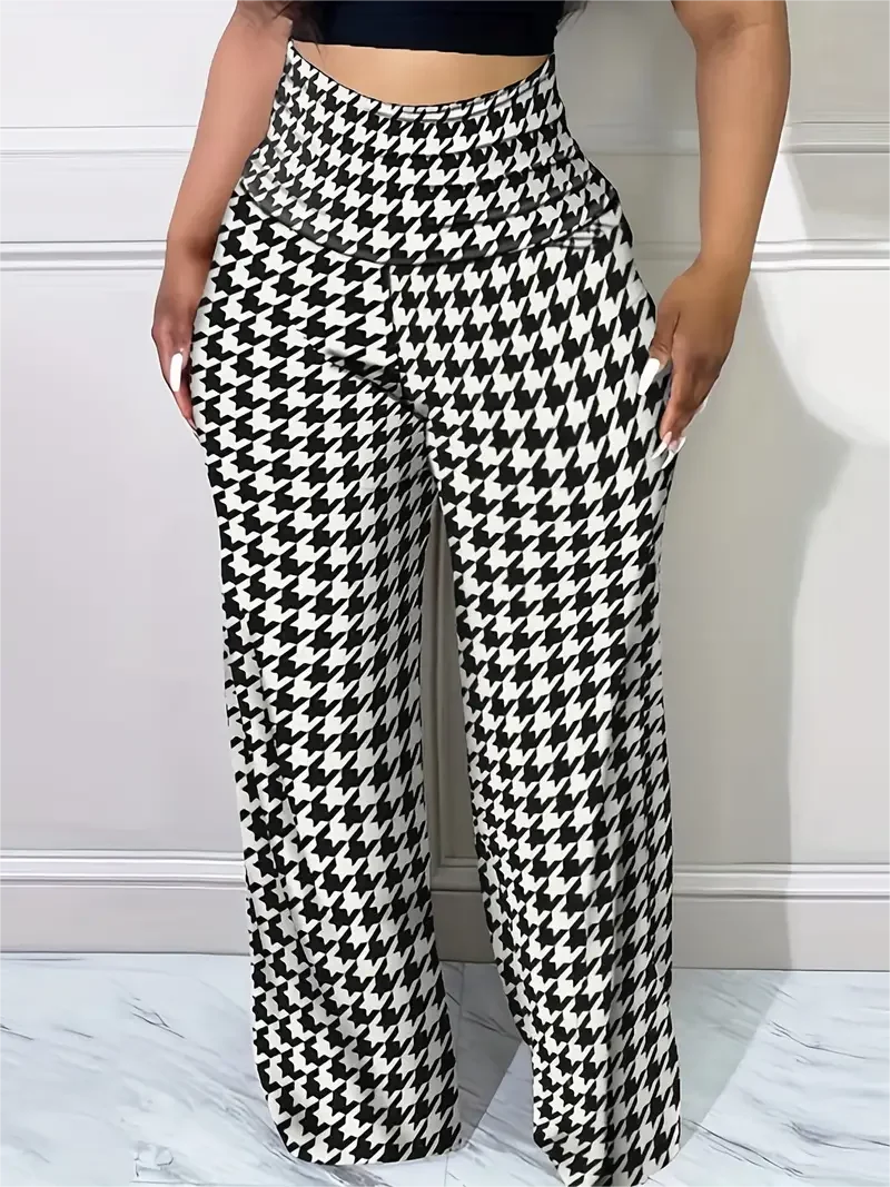 Calça Feminina Wide Leg™ - Xadrez Elegante, Cintura Alta, Modelagem Solta e Confortável
