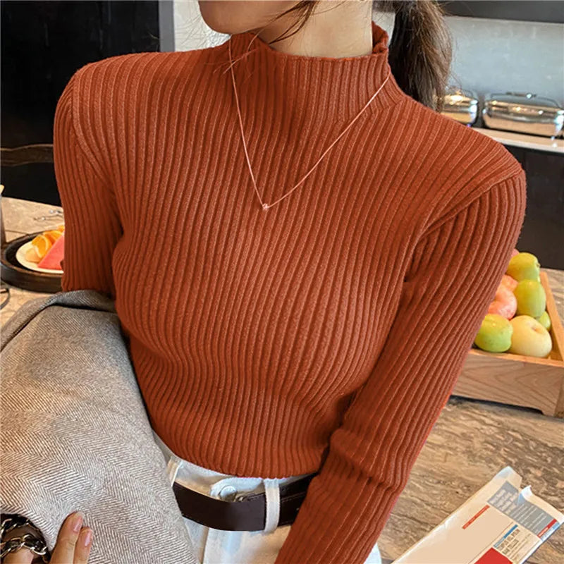 Suéter Élisee™ - Gola Alta Feminino Slim com Tricô Fino e Estilo Coreano Minimalista