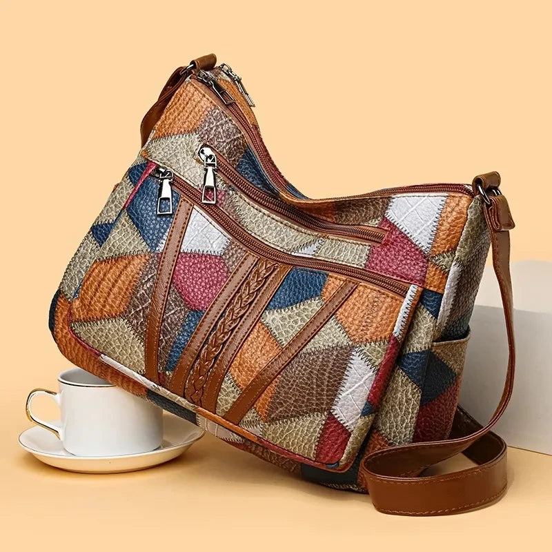 Vintage Éclat – Bolsa Crossbody Retrô com Patchwork em PU