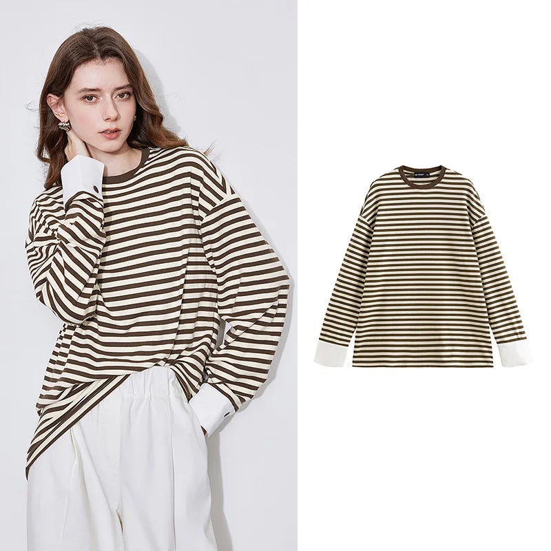 Blusa de Manga Longa Listrada - Estilo Americano Casual para Outono/Inverno