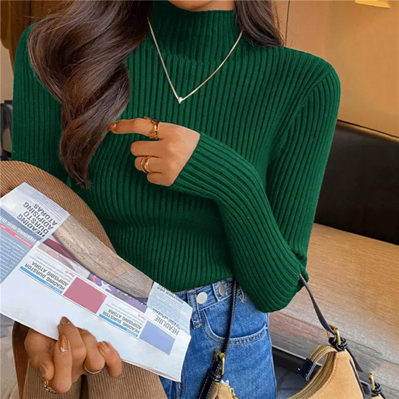 Suéter Élisee™ - Gola Alta Feminino Slim com Tricô Fino e Estilo Coreano Minimalista
